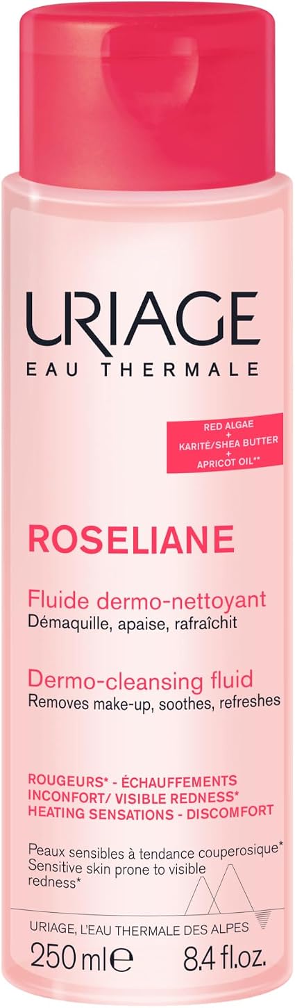 Uriage Roseliane Anti-Redness Face Wash with PURPLE OIL, CALENDULA, ROSE & APRICOT KONE I Fresh milk for removing makeup, cleansing & soothing I Suitable for skin sensitive to redness - Image 1