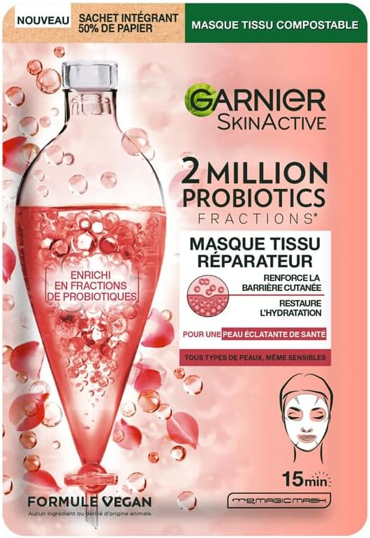 GARNIER Skin Active - Masque Visage Tissu 2 Million Probiotics - Masque Réparateur - Éclat & Hydratation - Enrichi en Fractions de Probiotiques - Vegan & Cruelty Free - Tous Types de Peaux - x1 - Image 1