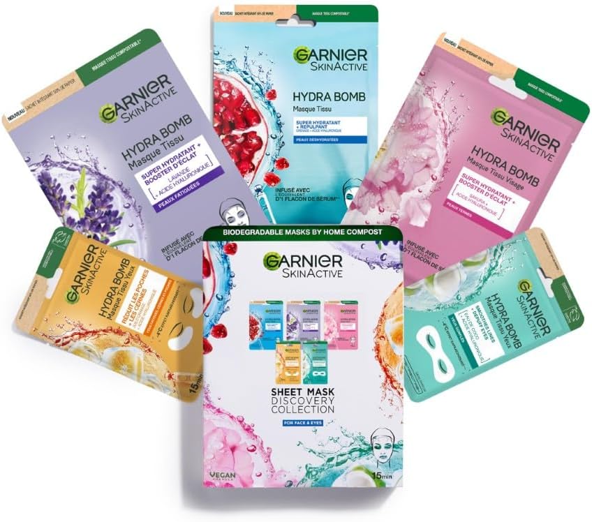 GARNIER Skin Active - Lot De 5 Masques Tissu Hydra Bomb - Visage & Yeux - Hydratation, Éclat & Nutrition - Acide Hyaluronique - Peaux Fatiguées, Ternes ou Désydratées - x5 - Image 1