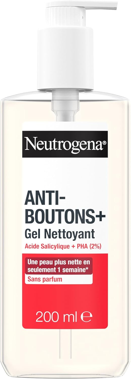 Neutrogena – Gel Nettoyant Anti-Boutons + Acide Salicylique + 2% PHA (200 ml) – Soin visage anti-boutons non comédogène et non gras – Nettoyant visage pour peaux à tendance acnéique sans parfum - Image 1