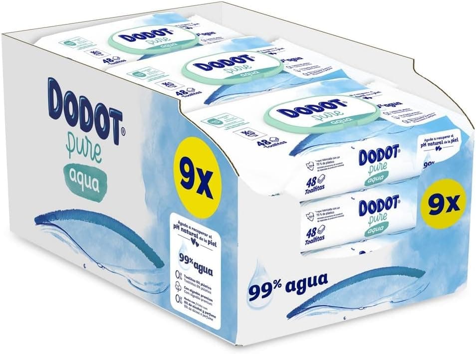 Dodot Pure Aqua Baby Wipes 9 Packs of 48 Units = 432 Wipes, Helps Restore Skin's Natural pH 99% Water