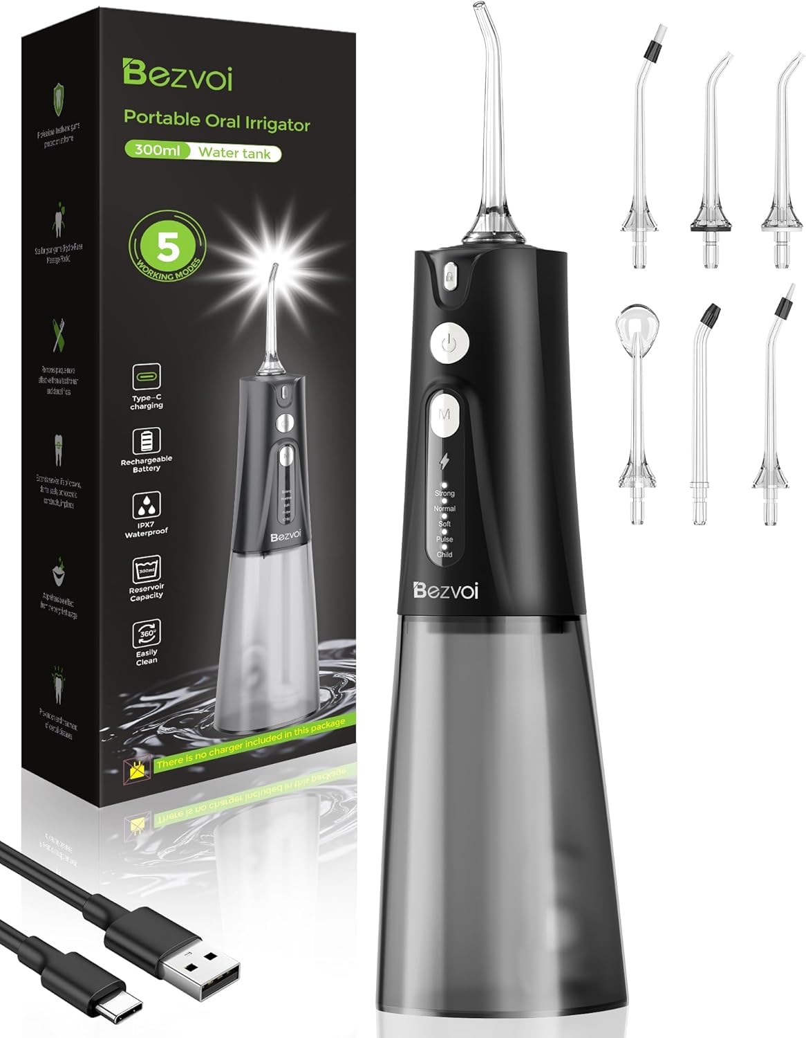 Water Flosser Dental Jet: Oral Irrigator with 5 Modes, 300ml Water Tank, IPX7 Waterproof Electric Tooth Cleaner, with 6 Tips for Gums Orthodonti Dental Appliances - Image 1
