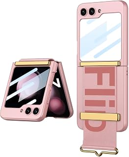 ESONG Coque pour Samsung Galaxy Z Flip5 avec Protection d'écran arrière/Support de Bracelet en Cuir,Dragonne de Luxe Ultra Fine Légère Rigide PC Housse,Dragonne Béquille,Antichoc Bumper-Or rose - Image 1
