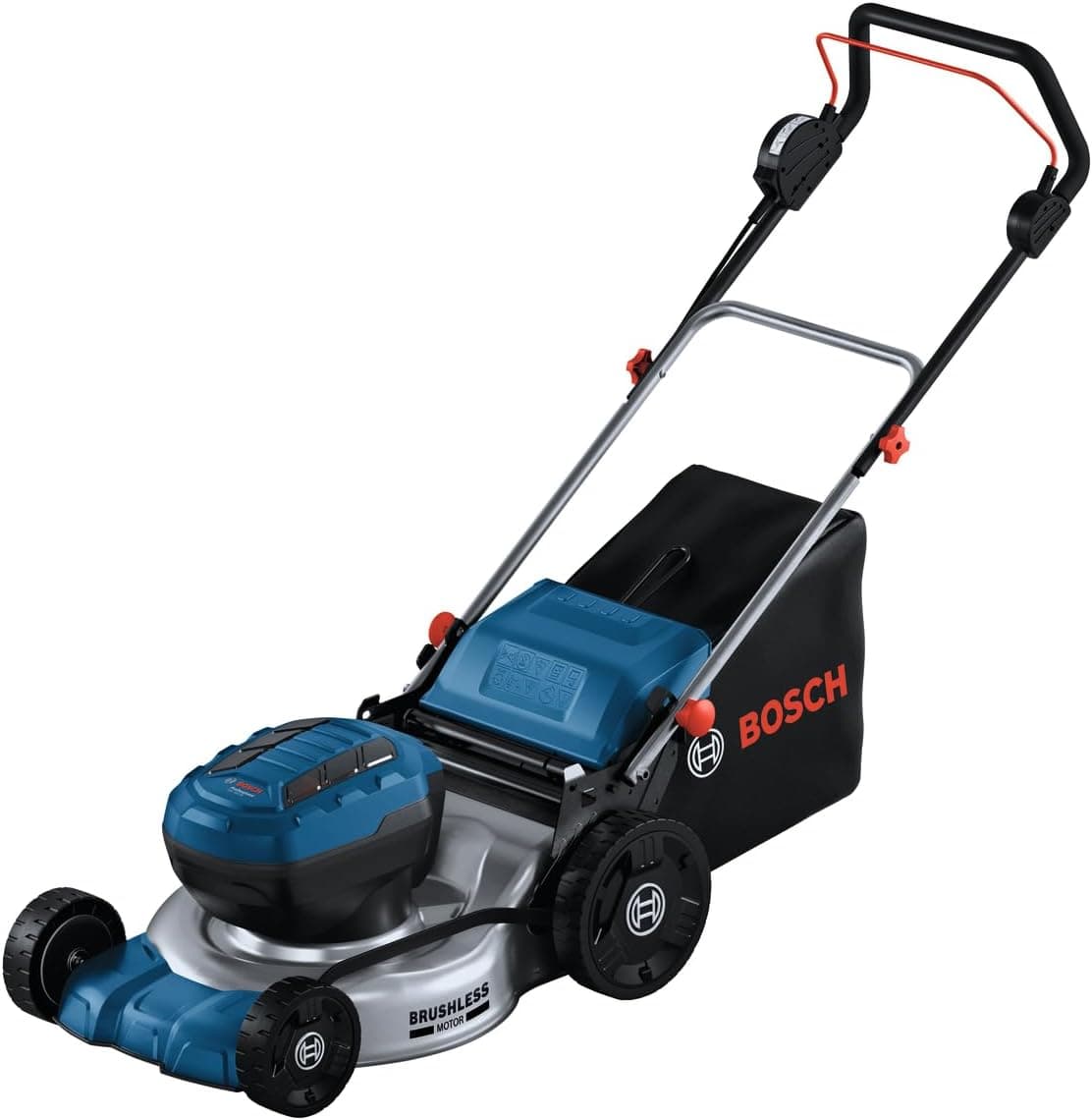 Bosch Professional 18V System tondeuse à gazon sans-fil GRA 18V2-46 (largeur coupe : 46 cm, réglage de hauteur dans 6 positions, sac ramassage en toile 60 l, 2 clés coupe-circuit, bouchon mulching)
