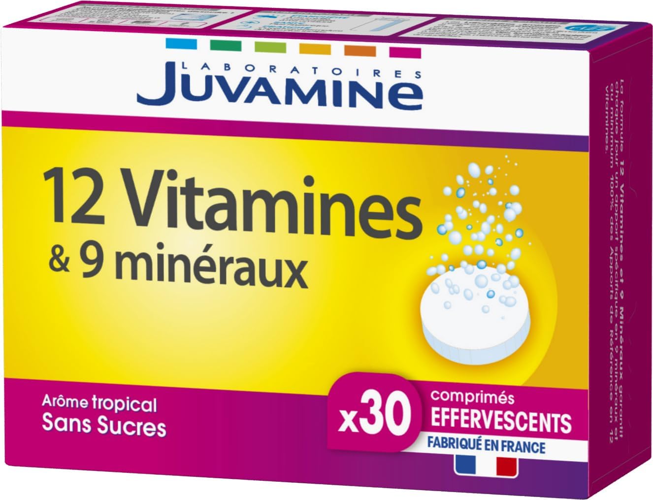JUVAMINE 12 Vitamins & 9 Minerals, Fatigue, Stress, Vitamins C, B2, B3, B6, B9 and Iron, 30 Day Program, 30 Effervescent Tablets, Tropical Flavor, Made in France - Image 1