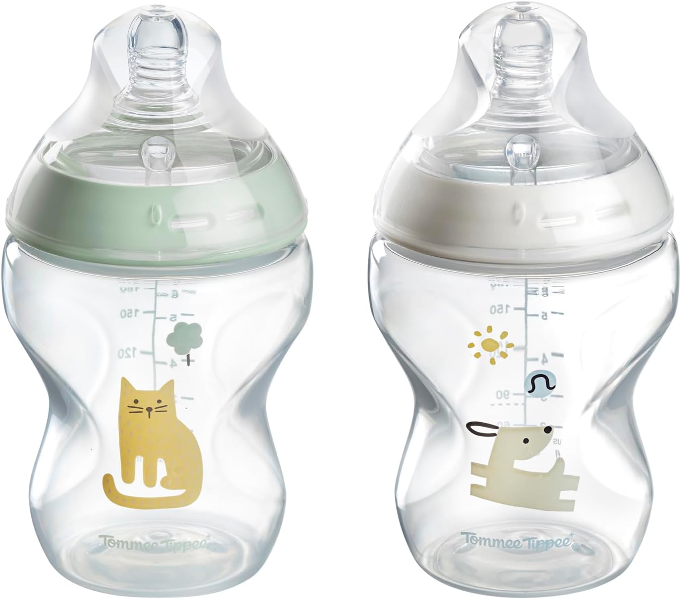 Tommee Tippee Natural Start Bottles 0.01m+ 2 Pack 260ml Bottles with Natural Mouth Teat Slow Flow Teat, BPA Free, Green & White - Image 1
