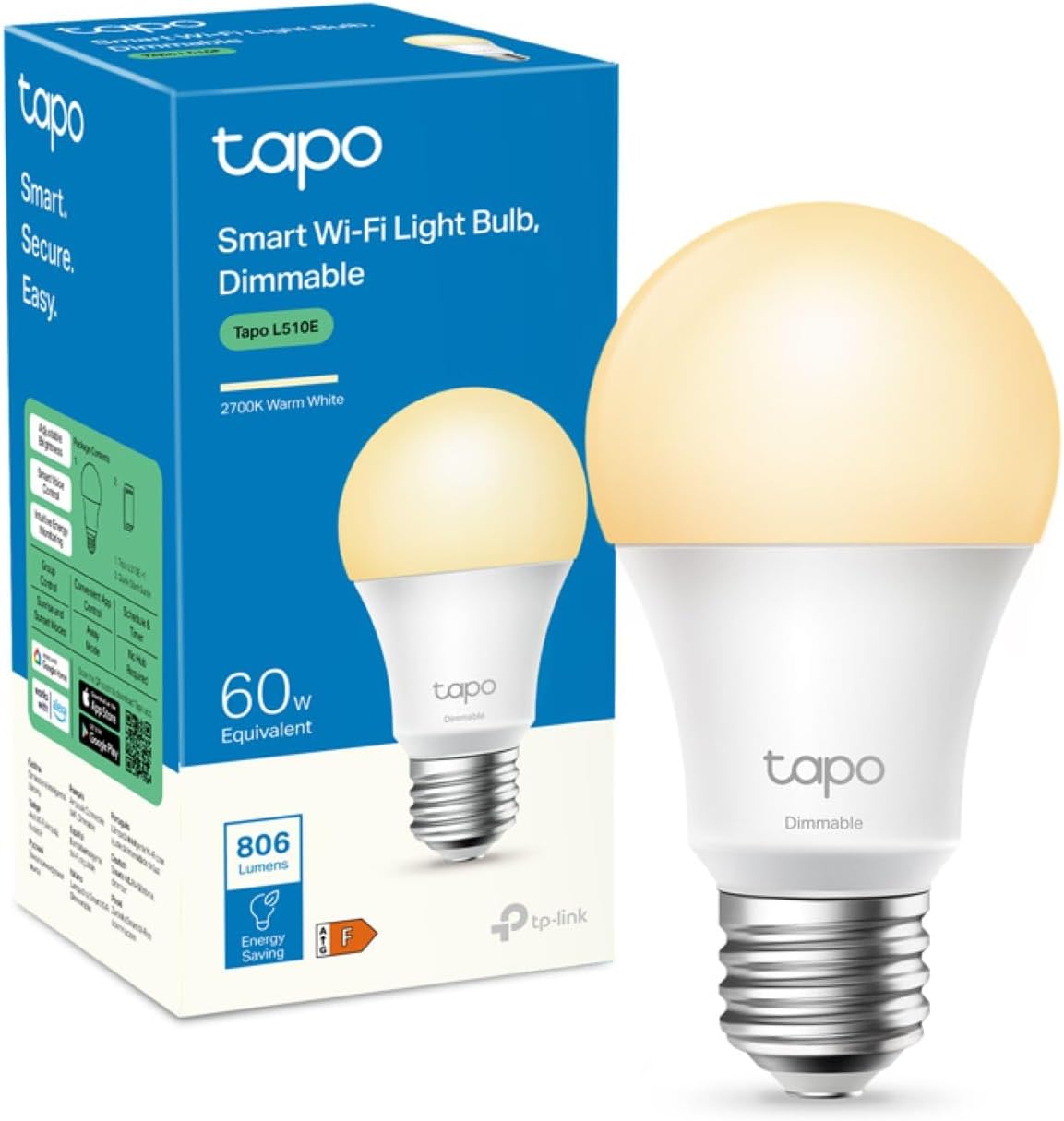 Tapo Ampoule Connectée WiFi, Ampoule LED E27 Blanc Chaud 2700K, Dimmable 8.7W 806Lm, Compatible avec Alexa et Google Home, Commande Vocale, Economie d'énergie, L510E - Image 1