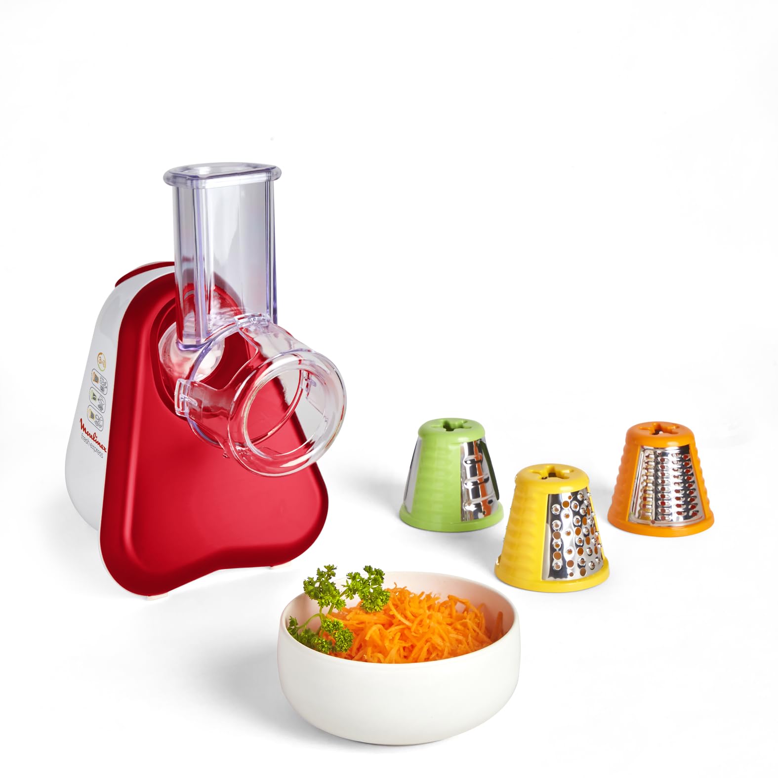 Moulinex Electric Vegetable Slicer, 3-in-1 Grater, Easy Colour Cone System, Wide Chutter, Dishwasher Safe Removable Parts, Fresh Express Red DJ753510 - Image 1