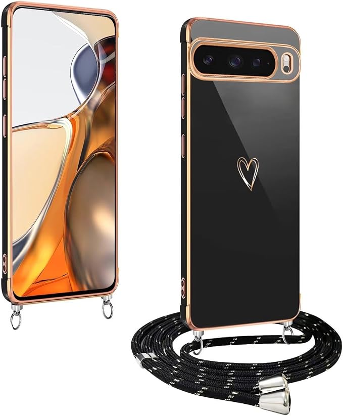 ESONG Ultra Thin Case for Google Pixel 9/9 Pro with Cord Necklace for Women with Cute Love Heart Design, Shockproof Silicone Protective Case Lanyard Case Black - Image 1