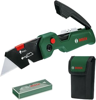 Set de cutter à lame pliante Premium (acier inoxydable ; ouverture rapide ; changement de lame rapide ; clip de fixation à la ceinture ; 13 lames ; sac de rangement) - Édition Amazon - Image 1