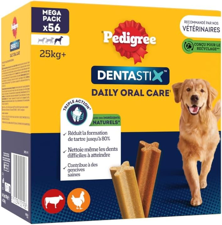 Pedigree DENTASTIX 56 Bâtonnets à Mâcher pour Grand Chiens 25kg+, 8 Sachets de 7, Saveur Poulet et Bœuf, Détartrage Dentaire Chien, Soins Dentaires pour Chien - Image 1