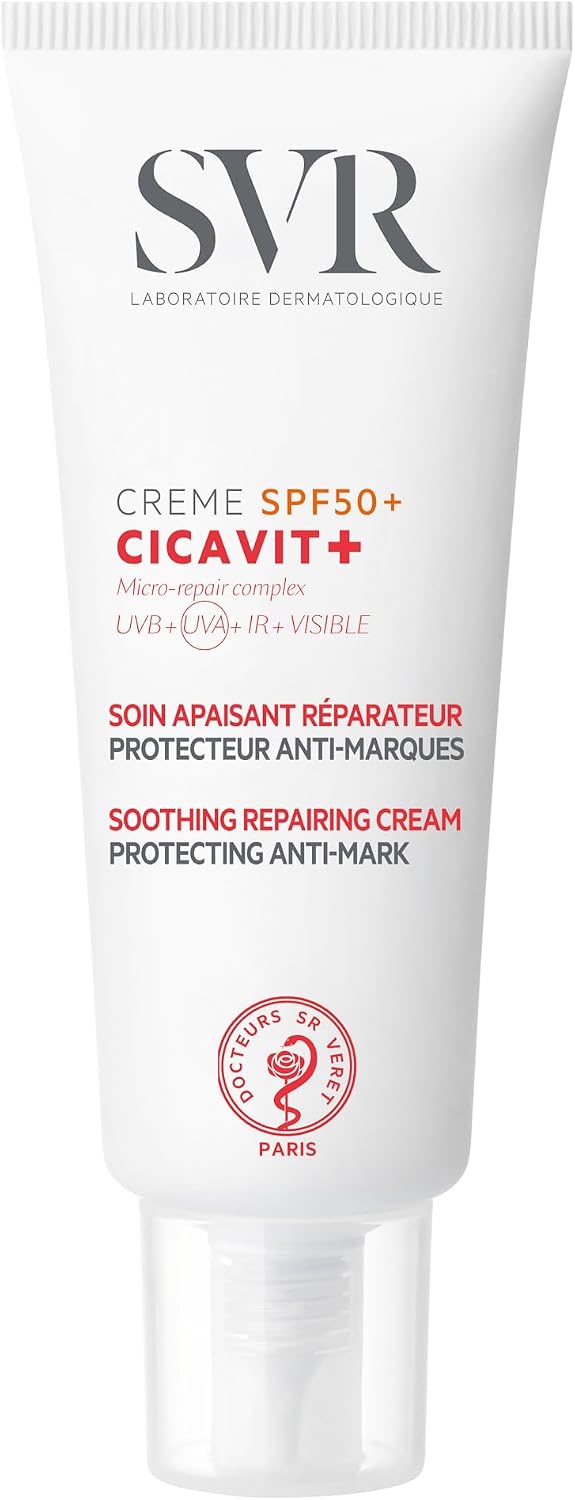 SVR - Cicavit+ Crème SPF50+ - Soin réparateur apaisant anti-marques - Pour peaux abîmées, irritées, post-actes dermatologiques - Niacinamide, filtres UVA/UVB/IR, antioxydants - 40 ml - Image 1