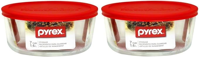 Pyrex Pyrex COMINHKR097849 Set of 2 Round Containers with Plastic Lids 7 Cups Red - Image 1