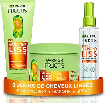 Garnier Fructis Keratin Liss – Routine 3 Products: Diamond Liss Smoothing Shampoo, Mask & Hair Spray – Vegetable Keratin & Argan Oil – Smooth and Shiny Hair – Anti-Frizz - Image 1