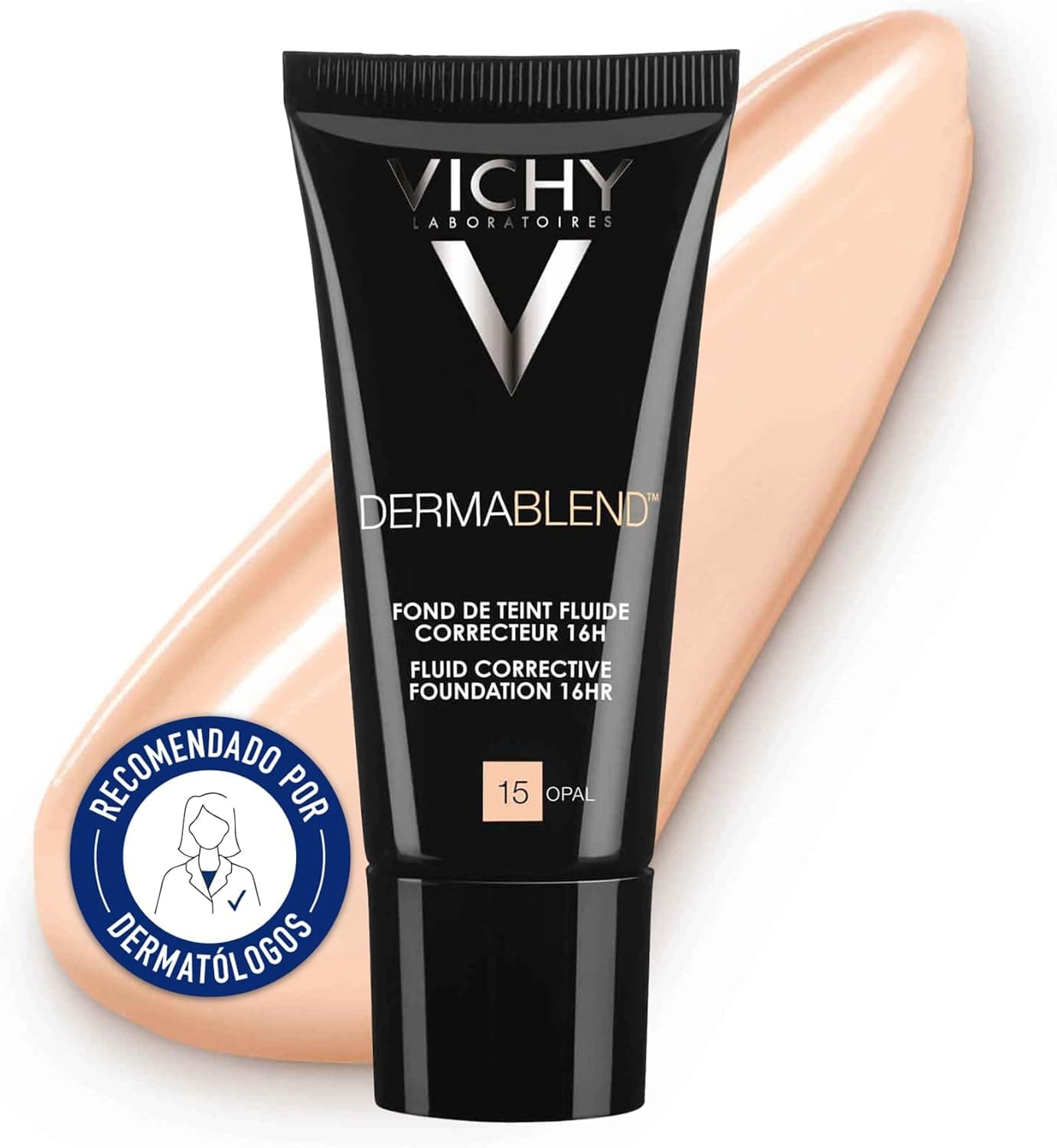 Vichy, Dermablend, Fond de Teint Fluide Correcteur, Longue Tenue 16H, Haute Couvrance, Adapté aux Peaux Sensibles Normales à Sèches, Teinte : Opal 15, 30 ml