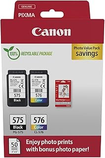 Canon PG-575 / CL-576 Lot de 2 Cartouches d'encre Authentiques (1 x Noir, 1 x Couleur) Comprend 50 Feuilles de Papier Photo 4 x 6 – Multipack en Carton - Image 1