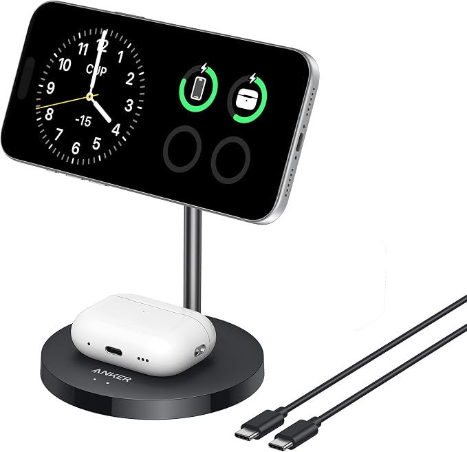 Anker Induction Charger iPhone Charging Base 15W, Adjustable Stand 2-in-1, USB-C Cable 1.5m, Dual LED, Ultra Fast MagSafe for iPhone Series 17/16 and 5W for AirPods (No AC Adapter) - Image 1
