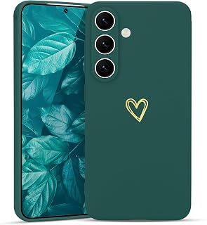 Coque Compatible avec Samsung Galaxy S25 5G Antichoc Coque Silicone TPU avec Motif Coeur d'amour Doré Mignon Étui Protection Complète Souple pour Samsung S25 5G Vert foncé - Image 1