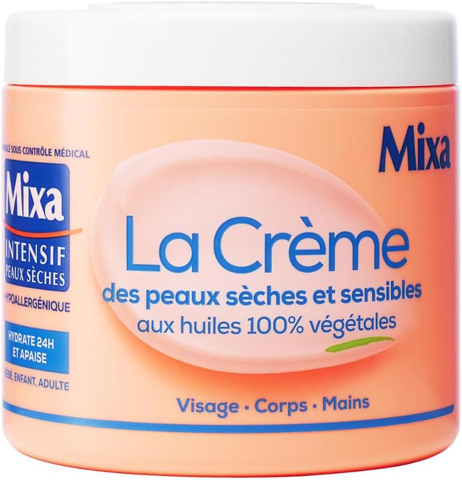Mixa Intensif Peaux Sèches - La Crème des Peaux Sèches et Sensibles - Multi Usage Visage, Corps, Mains, Pieds - Nourrit 24h et Apaise - Pénétration Rapide - Hypoallergénique - Pot 400 ml - Image 1