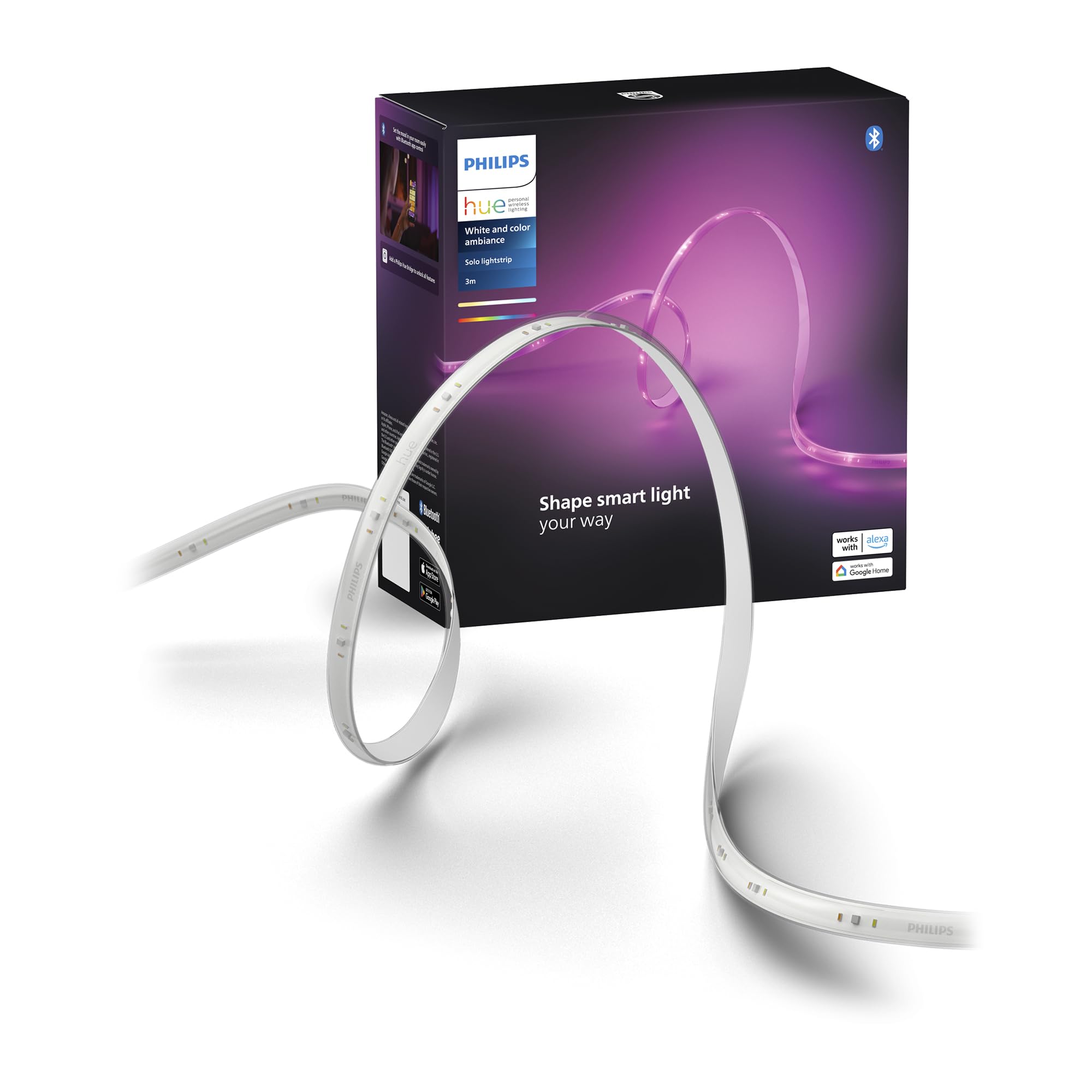Philips Hue White and Color Ambiance, Kit de base ruban LED Lightstrip 3 mètres Smart LED pour l'intérieur - 1 pack - Contrôle avec Hue App - Fonctionne avec Alexa, Google Assistant et Apple HomeKit - Image 1