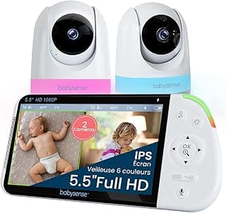 Babysense - Moniteur bébé Full HD écran partagé - Avec 2 caméras - Veilleuse en 6 couleurs - Bruit et machine à lumière - Batterie de 20 heures - Connexion sécurisée sans WiFi