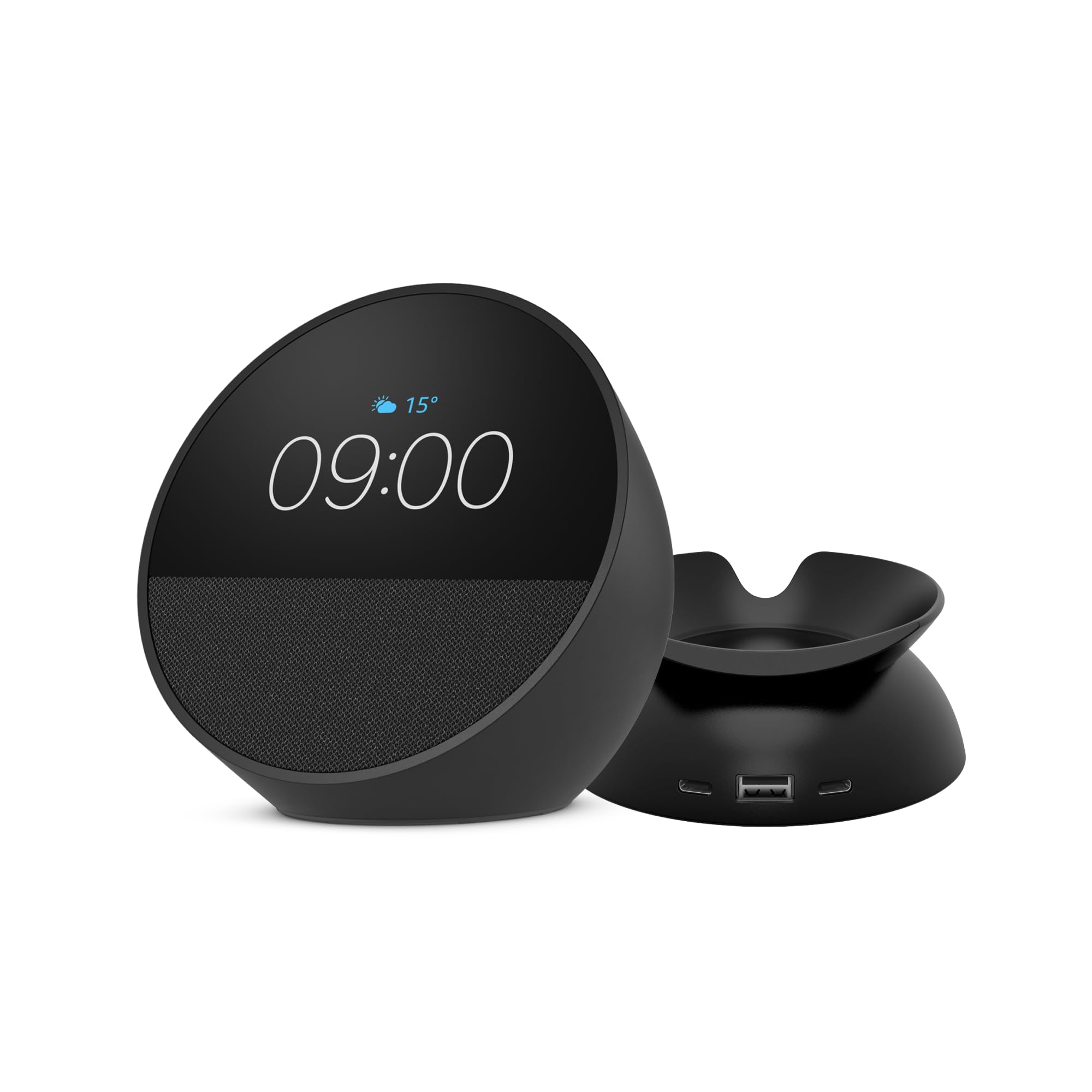 Echo Spot (newest gen), Smart alarm clock with vibrant sound + Made for Amazon Stand with USB-C and USB-A Charging Ports for Echo Spot - Image 1