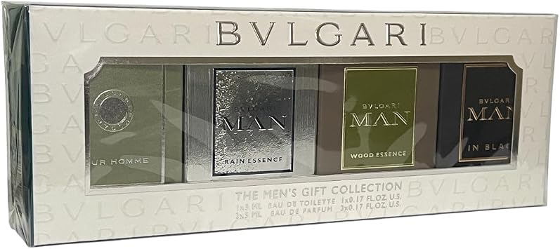 The Mens Gift Collection by Bvlgari for Men – 4 Pc Mini Gift Set 5 ml EDT & EDP Splash – Bvlgari for Men, Man Rain Essence, Man Wood Essence, Man In Black - Image 1