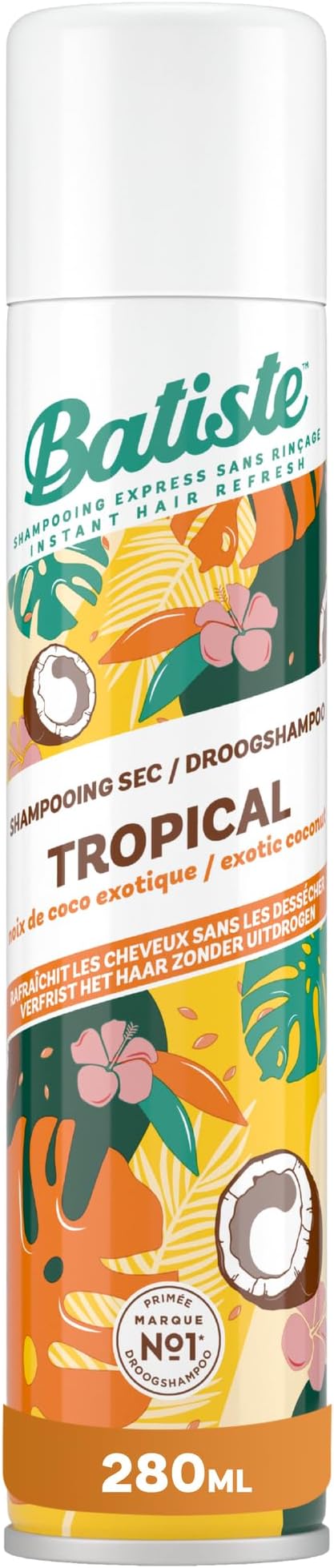 Batiste Large Tropical Dry Shampoo – Long-Lasting Refreshes Hair and Provides Volume – Coconut Vanilla Fragrance – 280 ml - Image 1