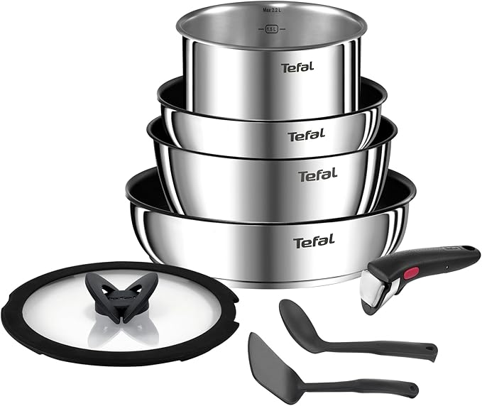 Tefal Ingenio 8-Piece Cookware Set, Frying Pans with Removable Handle, Induction, Stainless Steel, Non-Stick Coating, Stackable, Dishwasher Safe, Emotion L8979804 - Image 1