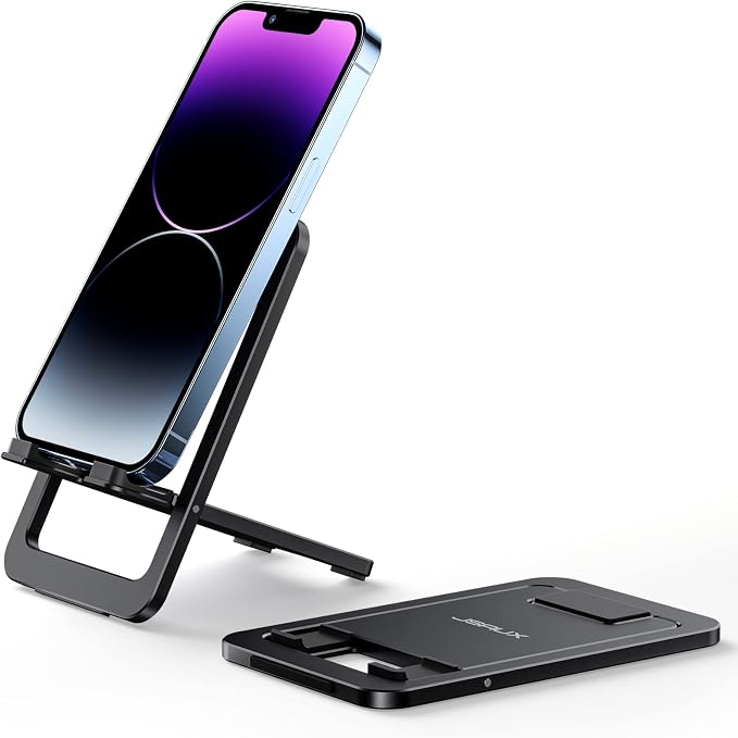 JSAUX Portable Phone Holder, Foldable Aluminum Adjustable Smartphone Holder Travel Accessories Desk Compatible with iPhone 16 15 14 13 Pro Max Samsung S24 S23 Ultra A53 Kindle-Black - Image 1
