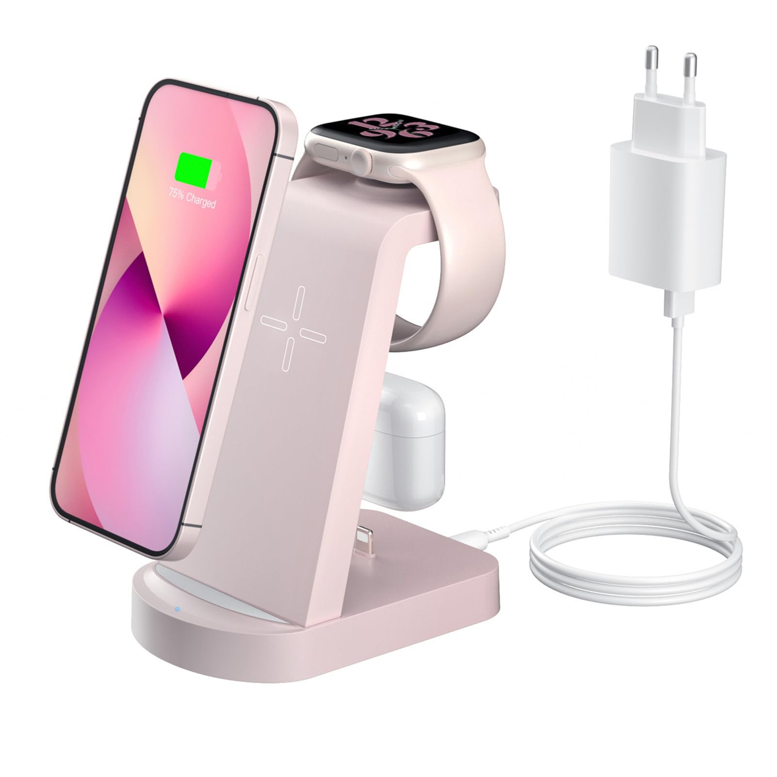 3 in 1 Induction Charger, INNISTO Fast Charger Induction Charger Station Compatible with iPhone 17/16/15/14/13/12Pro/Pro Max, Apple Watch Ultra/10/9/8/7/SE/SE2/6/5/4 AirPods321/Pro1 Pink - Image 1