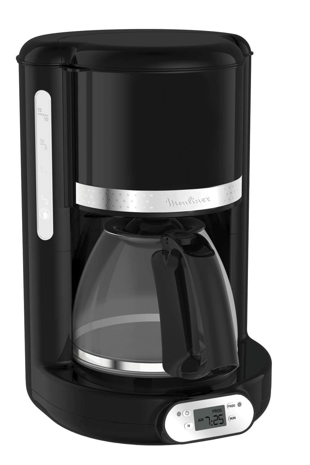 Moulinex 24 Hour Programmable Filter Coffee Maker, Vintage Black Design, Capacity 1.25 L, 10 to 15 Cups, Swivel Filter Holder, 30 Min Warm, Glass Jug, Sun FG380B10