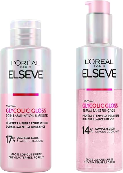 L'Oréal Paris Elvive Glycolic Gloss Rinse-Free Serum for Porous and Dull Hair 150 ml Intensive and Long-Lasting Shine + Glycolic Acid Laminating Treatment in 5 Minutes 200 ml – 2 Bottles - Image 1