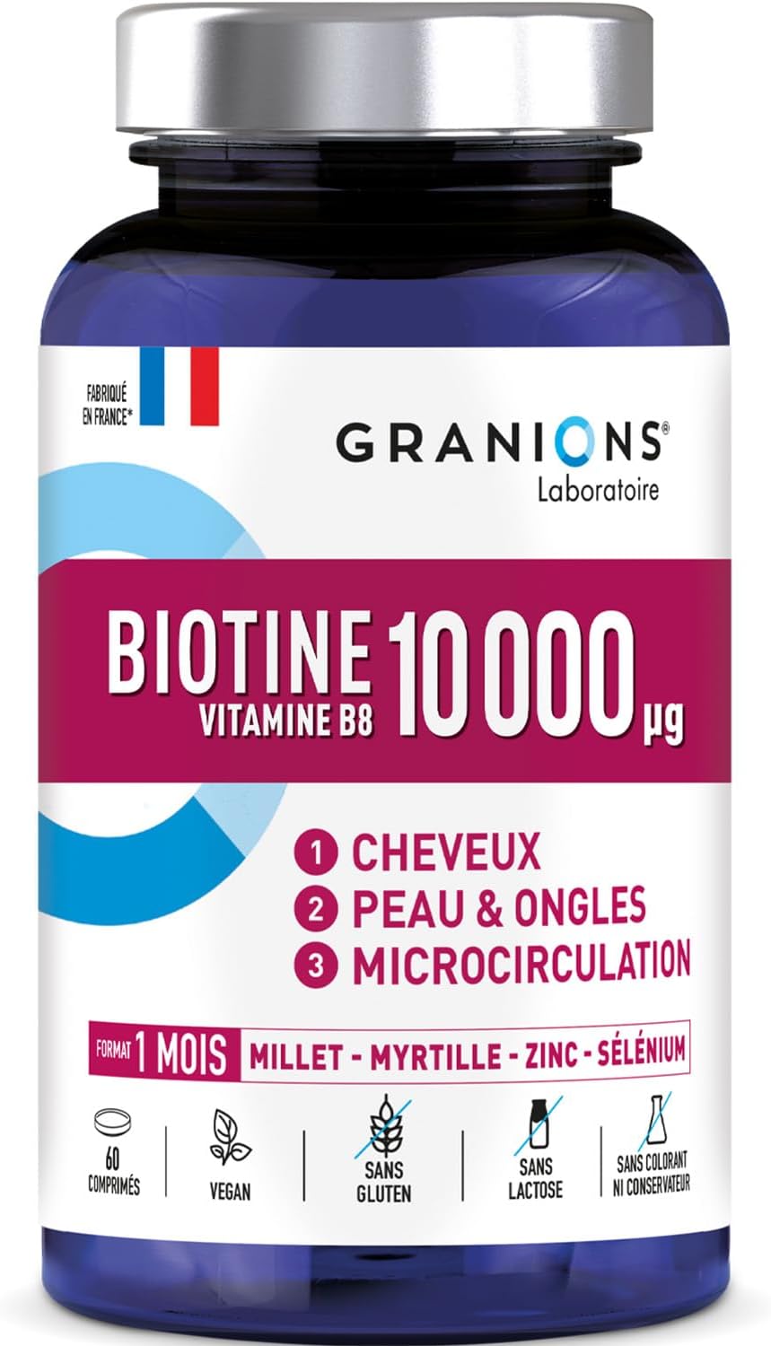 Biotin 10,000 µg GRANIONS, Food Supplement Hair, Skin, Nails - Vitamin B5, Biotin Millet, Cystine, Blueberry, Zinc, Selenium, Methionine - Vegan, Gluten Free, 60 Tablets Made in France - Image 1