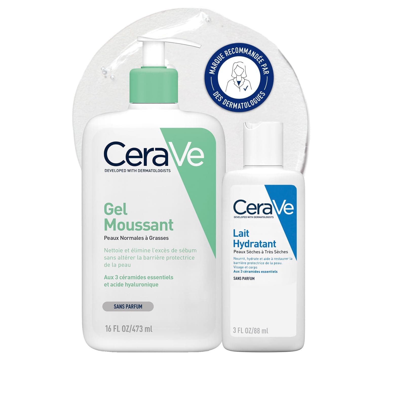 CeraVe - Routine Hydratante - Gel Moussant 473 ml + Lait Hydratant 88 ml - Nettoie, Hydrate & Préserve la Barrière Cutanée - Soins aux 3 Céramides Essentiels - Peau Mixte à Grasse
