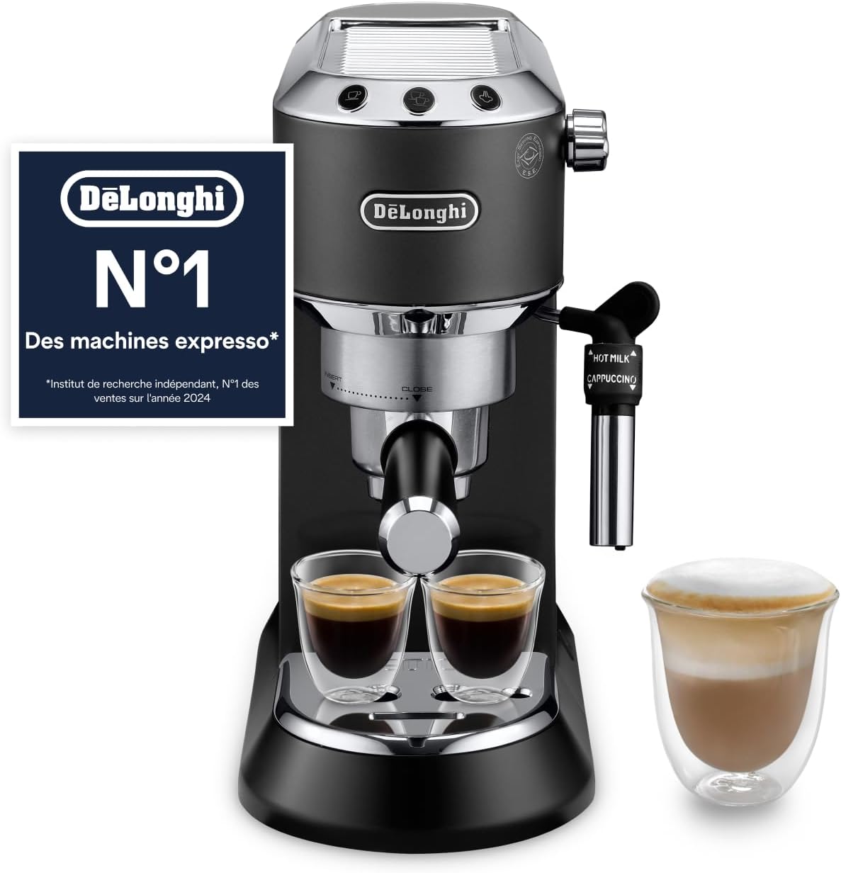 De’Longhi Dedica Style - Perfetto Machine à Expresso Compacte, Mousseur de Lait Manuel pour Expresso et Cappuccino, Compatible Dosettes ESE, Panneau de Commande à Boutons, Largeur 15cm, Noir(EC685.BK) - Image 1