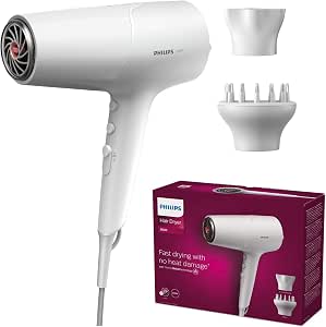 Philips Sèche-cheveux Série 5000 avec technologie ThermoShield, diffuseur de volume et concentrateur de 14 mm, blanc et métallique (modèle BHD500/20) - Image 1