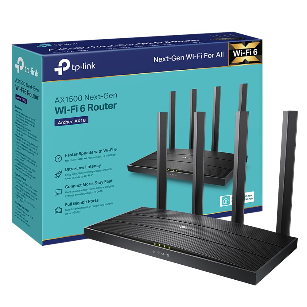 TP-Link Archer AX18 WiFi Router 6, AX 1500Mbps Dual-Band WiFi Router, 4 Gigabit Ports, 4 High Performance Antennas, WPA3, Parental Control, EasyMesh, Built-in Anti-Virus - Image 1