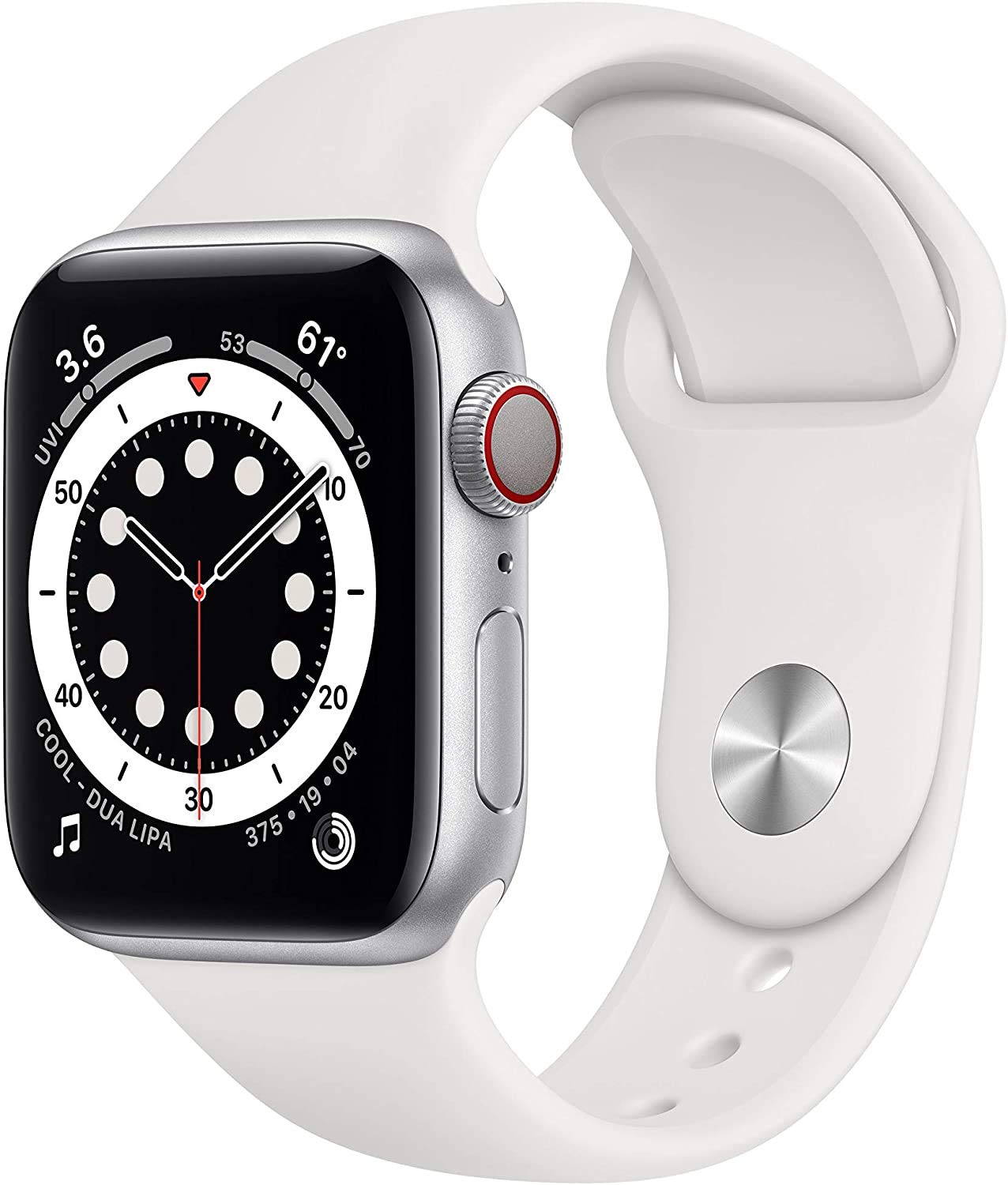 Apple Watch Series 6 (GPS + Cellular, 40 mm) Silver Aluminium Case with White Sport Strap (Refurbished) - Image 1