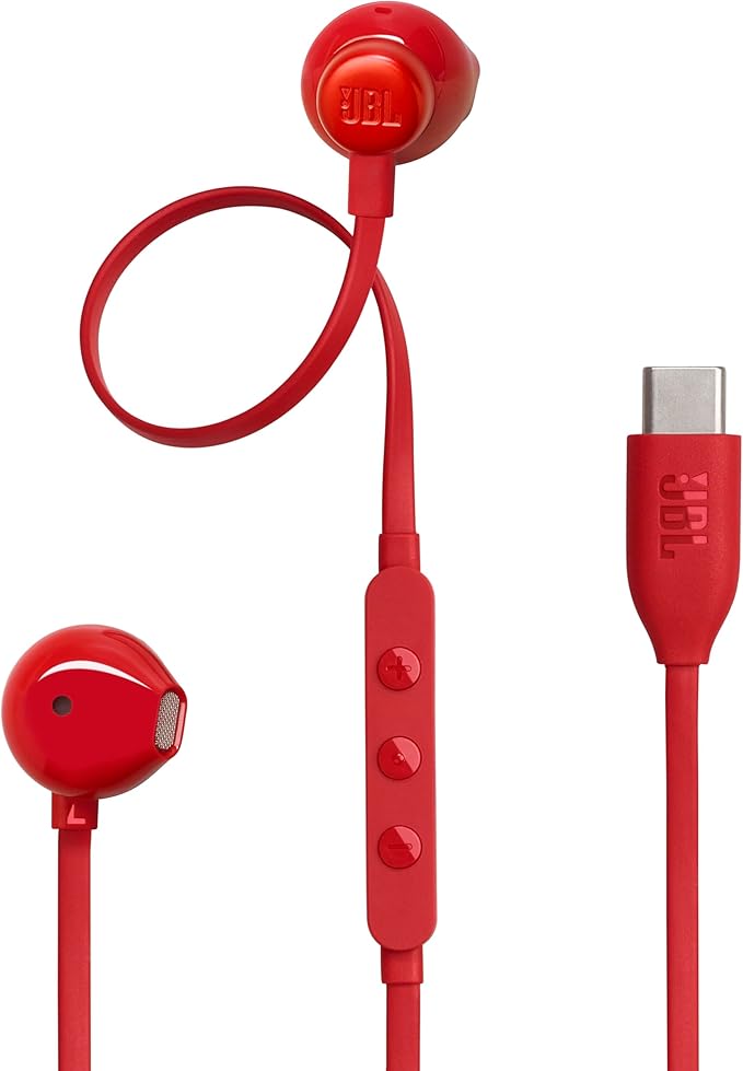 JBL Tune 305 C, Hi-Res Wired Headphones, Pure Bass JBL Sound, USB-C Connection, Tangle-Free Flat Cable, Three Key Remote Control with Microphone, Red - Image 1