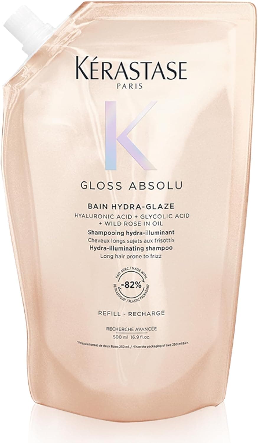 KÉRASTASE Gloss Absolu -Bain Hydra-Glaze -Shampoing Cheveux Ternes - Brillance -Shampoing Hydra-Illuminant - Acide Hyaluronique, Acide Glycolique & Rose Sauvage - Cheveux Longs & Sujets aux Frisottis