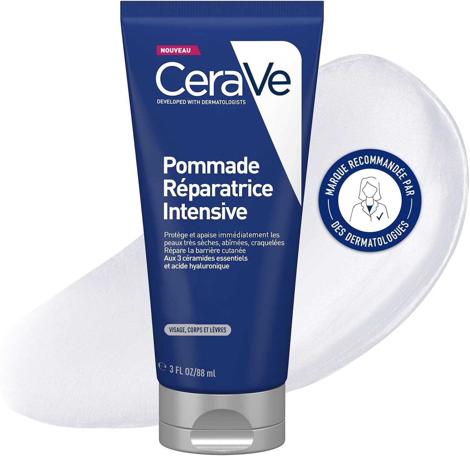 CeraVe - Pommade Réparatrice Intensive - Soin Réparateur, Apaisant et Protecteur Visage, Corps, Lèvres - 3 Céramides Essentiels + Acide Hyaluronique - Peau Très Sèche, Abîmée, Craquelée - 88 ml