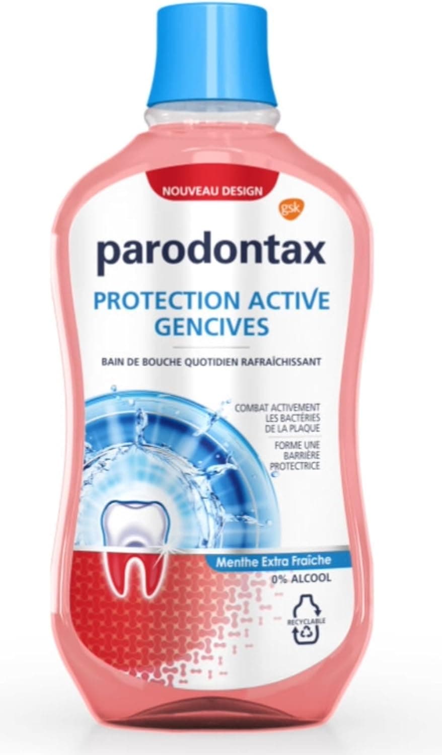 PARODONTAX - Bain de Bouche Quotidien - Protection Active Gencives - Combat les Bactéries de la Plaque Dentaire - Forme Une Barrière Protectrice - 0% Alcool - Menthe Extra-Fraîche - 500 ml