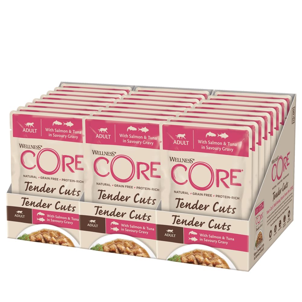 Wellness CORE Tender Cuts 24 x 85 g, Salmon/Tuna - Tender Pieces for Adult Cats, Grain Free, Natural, Hypoallergenic, High Protein, High Fish Content, - Image 1