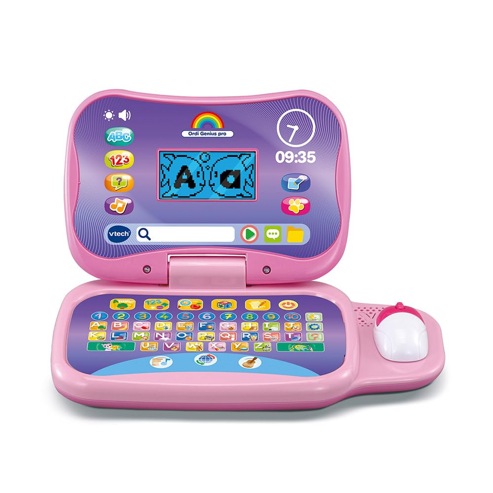 VTech - Ordi Genius Pro Pink, Children's Laptop with Backlit Screen, Mouse, 20 Evolutionary Games, Educational Toy, Gift for Children from 3 to 7 Years - Content in French and English - Image 1