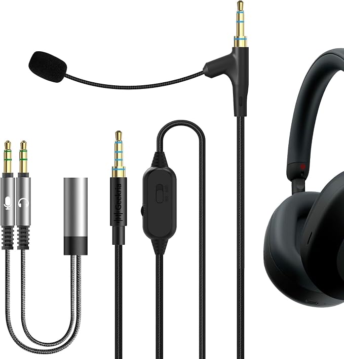 Geekria QuickFit Boom Mic Cable for Gaming and Meeting Headphones, Compatible with Sony WH-1000XM4 WH-1000XM3 XB900N, Replacement 3.5mm Jack Cable with Mic Boom and Volume/Silence Control (1.5m) - Image 1