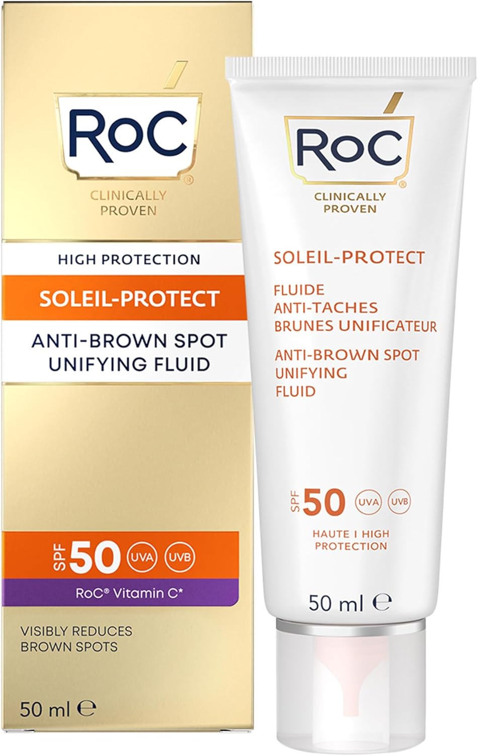 RoC - Soleil-Protect Fluide Anti-Taches Brunes Unificateur SPF 50 - Hydratant pour le Visage - Filtres Anti-UVA et Anti-UVB - Vitamine C - 50 ml - Image 1