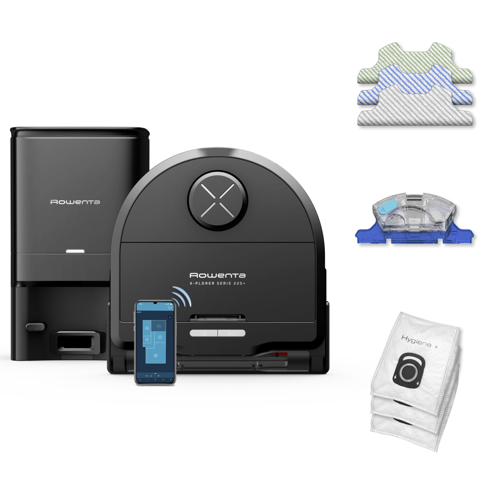 Rowenta X-Plorer Series 220+ Animal Robot Vacuum Cleaner, Extra Large Brush, Vibrating Mop XL, 5600 Pa, Laser Navigation RR9495WH, Black - Image 1