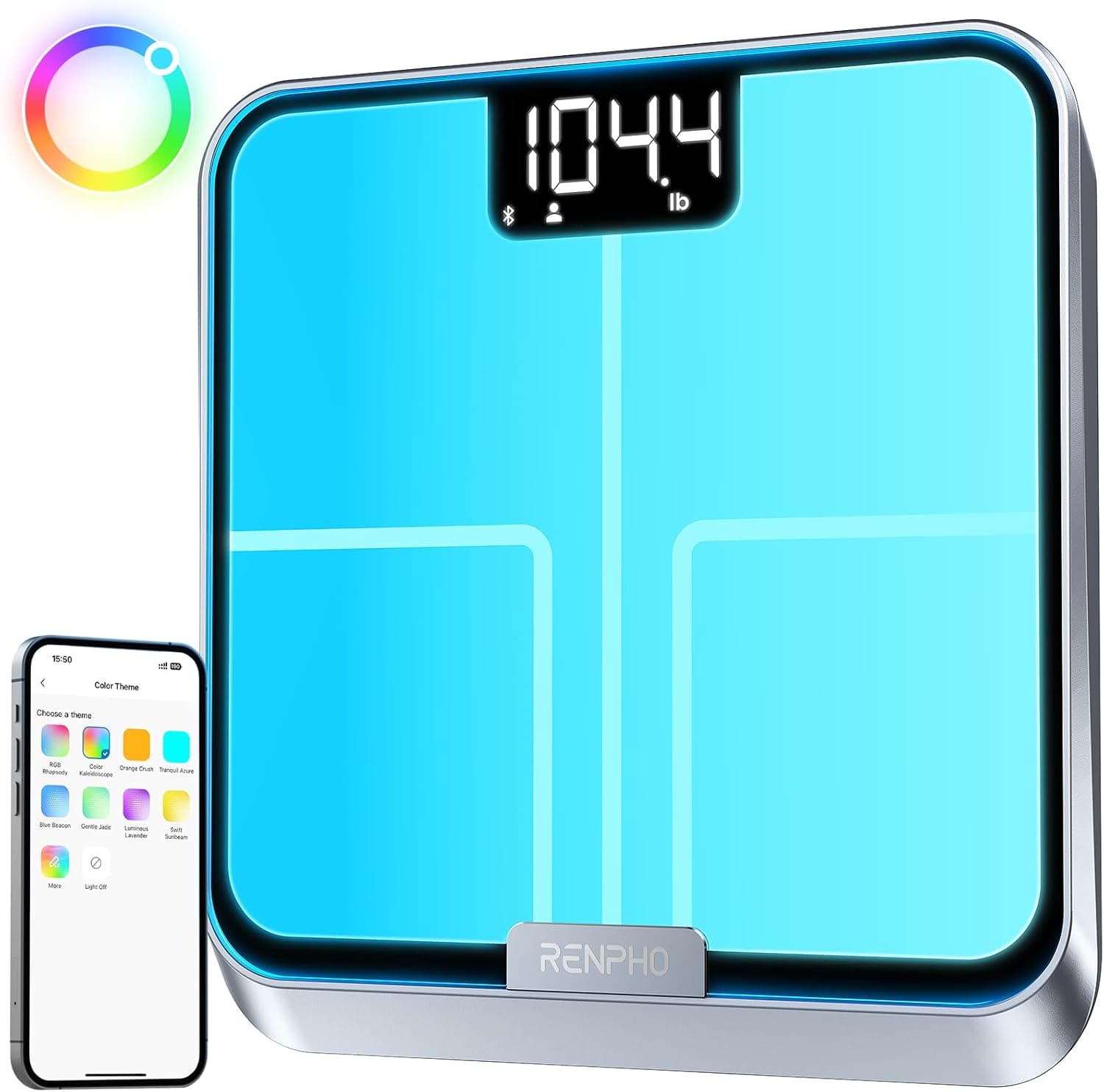 RENPHO Balance Pese Personne, Rappel de Pesée facile, Pese Personnes intelligent Bluetooth, Couleurs de Balance Personnalisables, Balance Connectée Rechargeable, Revêtement ITO, 13 Moniteurs de Santé