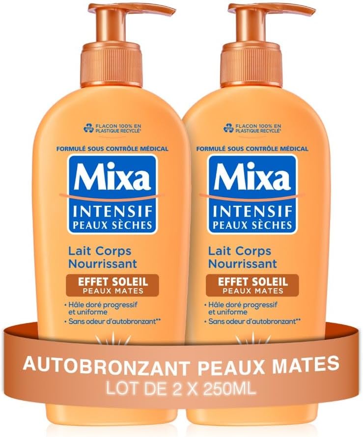 Mixa Intensive Dry Skin - Nourishing Body Lotion Sun Effect - Self-Tanning - Progressive and Uniform Natural Golden Tan - Matte Skin - Hypoallergenic - Pack of 2, 250 ml - Image 1